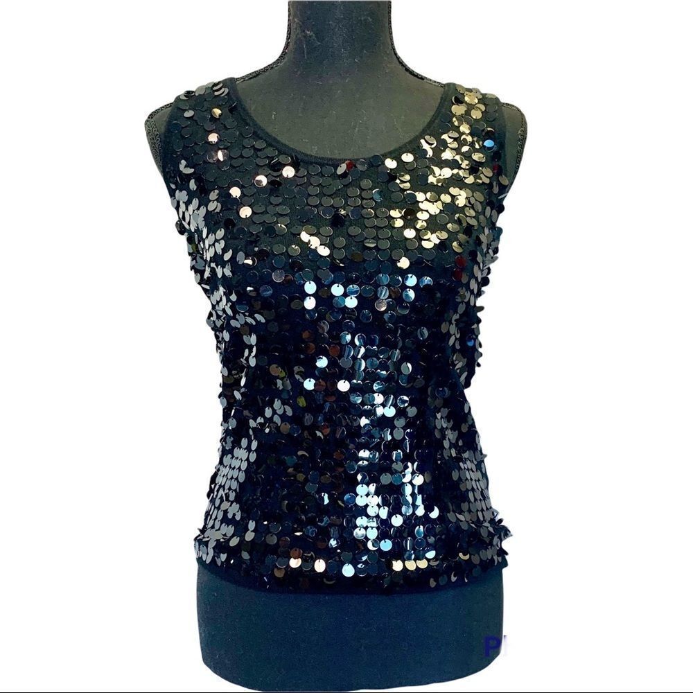 Cleo Black shiny sparkly sequin stretchy knit tank top evening blouse size M - Picture 3 of 11